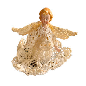 Vintage Ceramic Angel Topper with Crocheted Dress I Christmas Accents